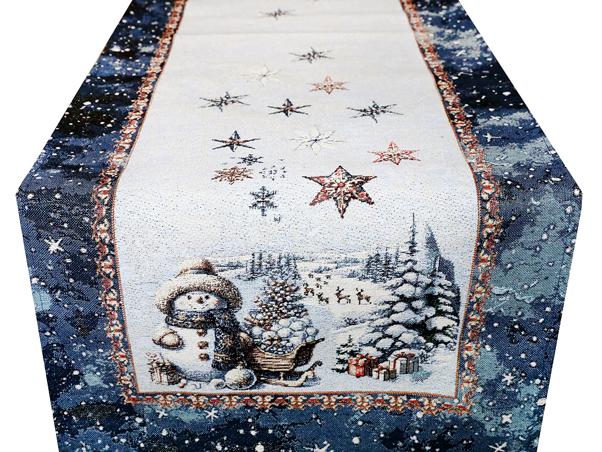 Vianočný gobelínový behúň na stôl s lurexom 45x140 cm Magický Santa a snehové vločky