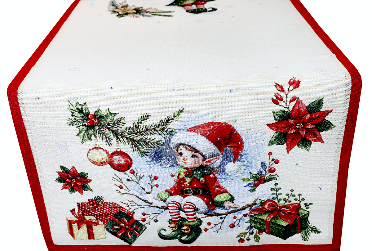 Vianočný gobelínový behúň na stôl 45x90 cm so škriatkami s lurexom