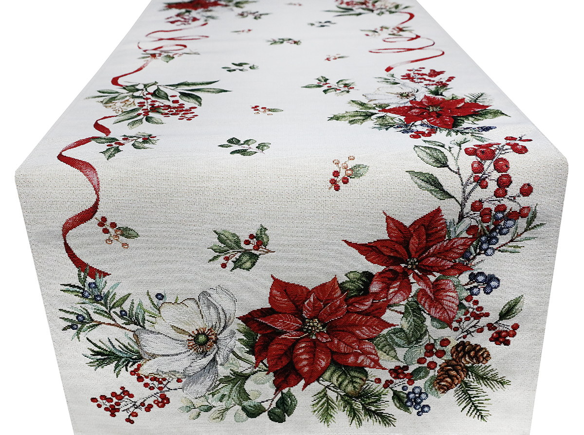 Vianočný gobelínový behúň nas stôl s lurexom 45x140 cm Vianočné kvety a vetvičky