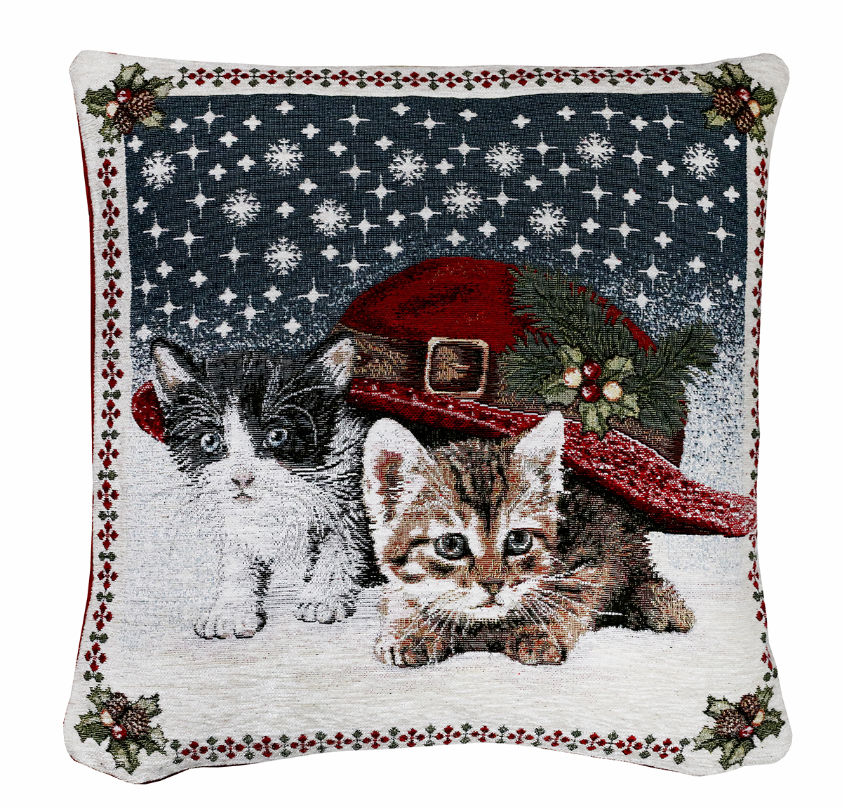 Vianočná gobelínová obliečka na vankúš Mačiatka pod klobúkom 42x42 cm Chenille IT01
