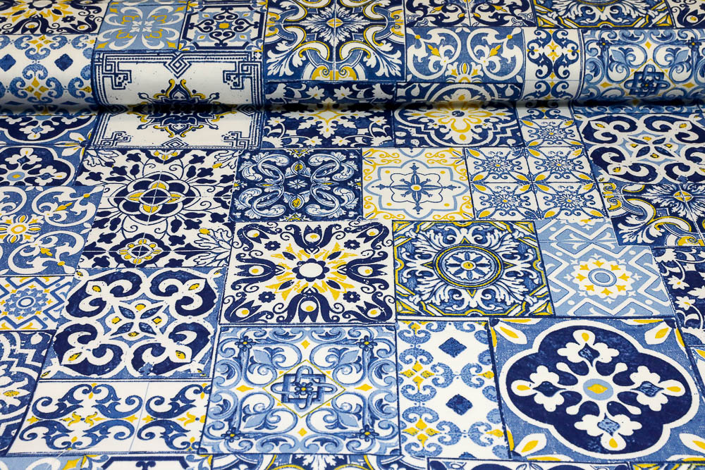 Dekoračná látka bavlna modrá mozaika, š. 140 cm