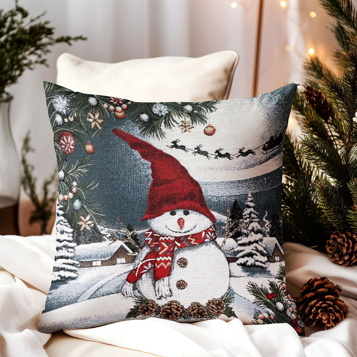 Vianočná gobelínová obliečka na vankúš Snehuliak 42x42 cm Chenille IT07