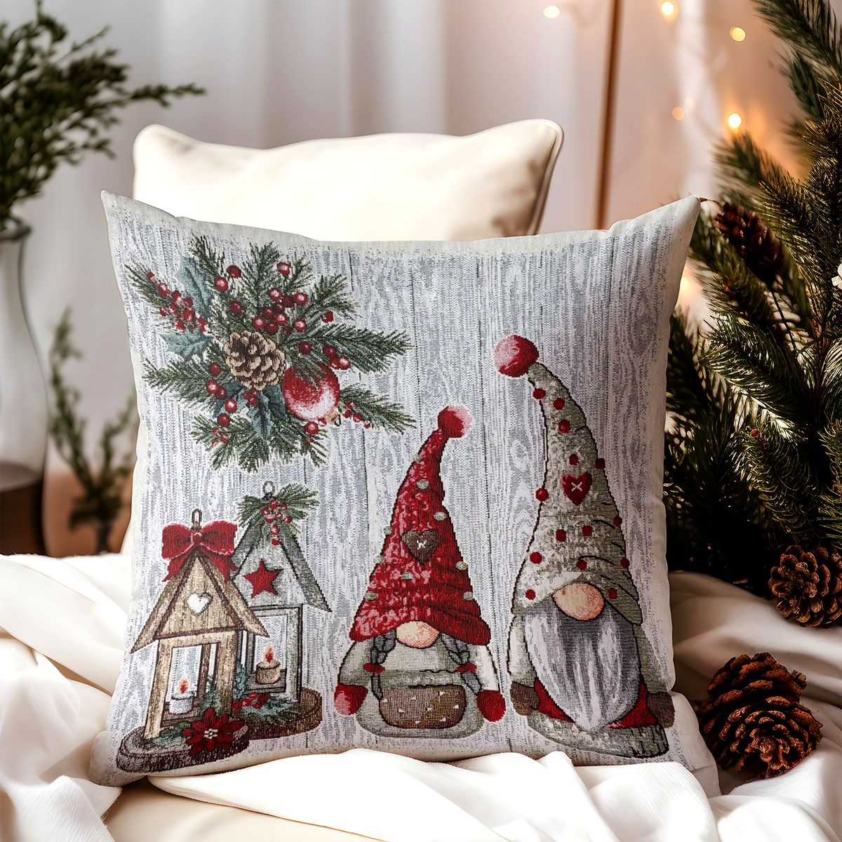 Vianočná gobelínová obliečka na vankúš Škriatkovia 42x42 cm Chenille IT020