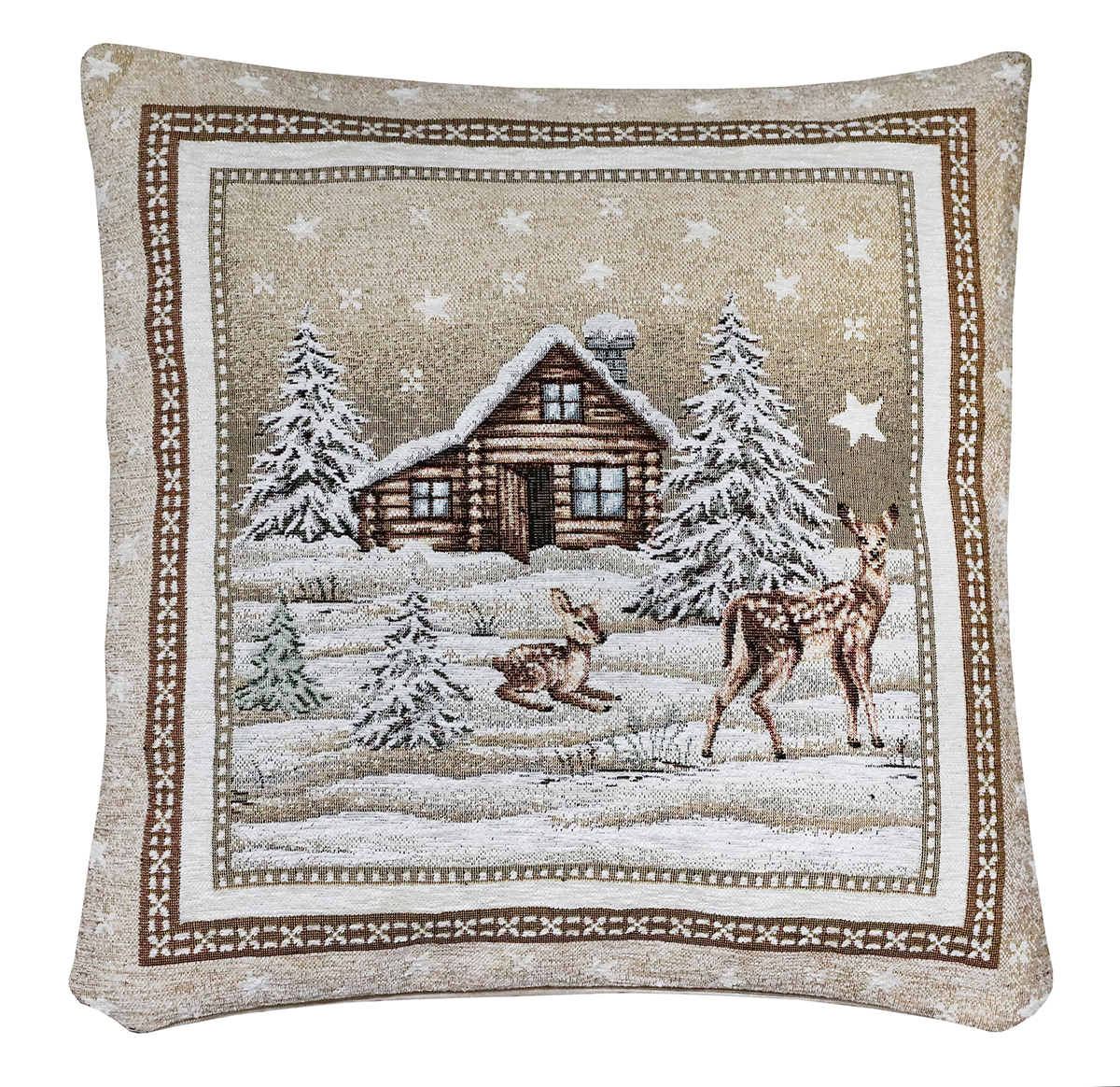 Vianočná gobelínová obliečka na vankúš Zasnežená krajinka v béžovom 42x42 cm Chenille IT030