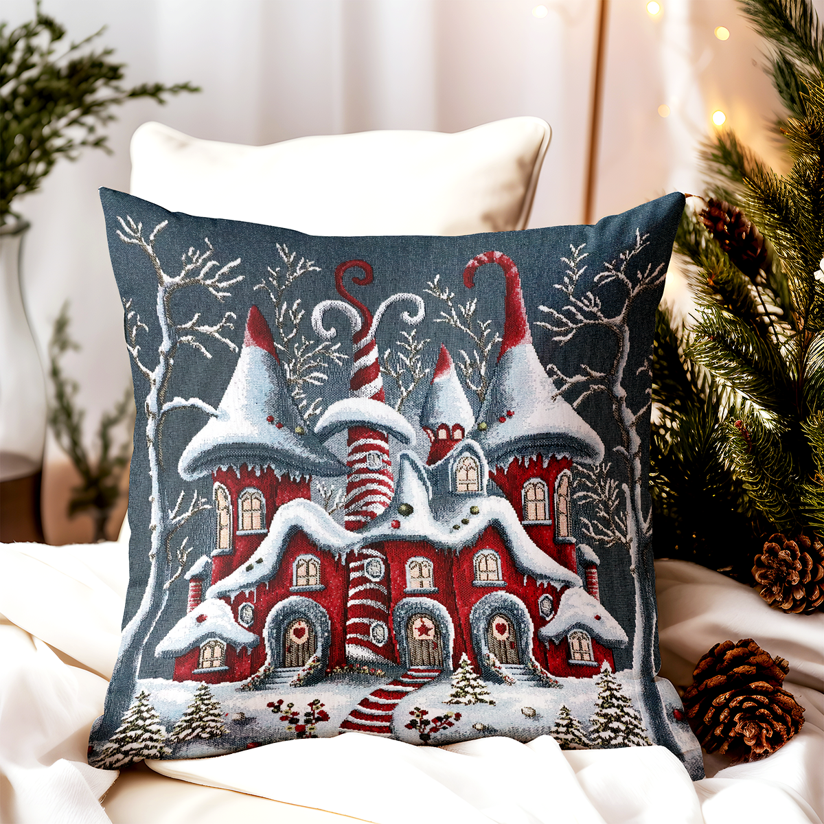 Vianočná gobelínová obliečka na vankúš Čarovný zimný domček 42x42 cm Chenille IT038