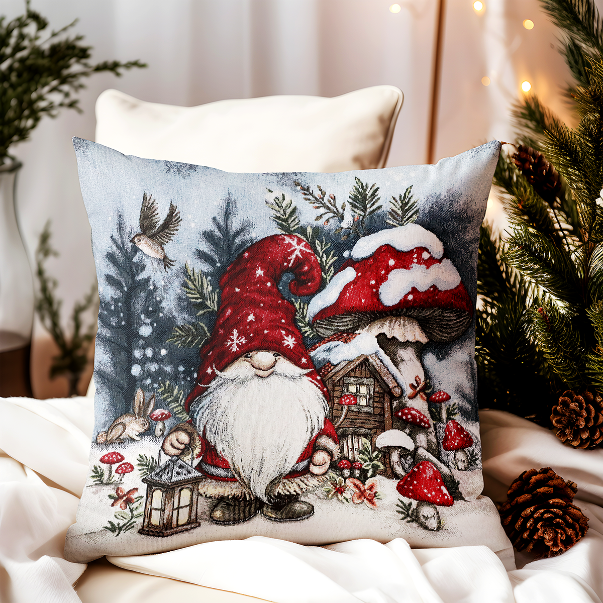 Vianočná gobelínová obliečka na vankúš Hubový škriatok 42x42 cm Chenille IT039