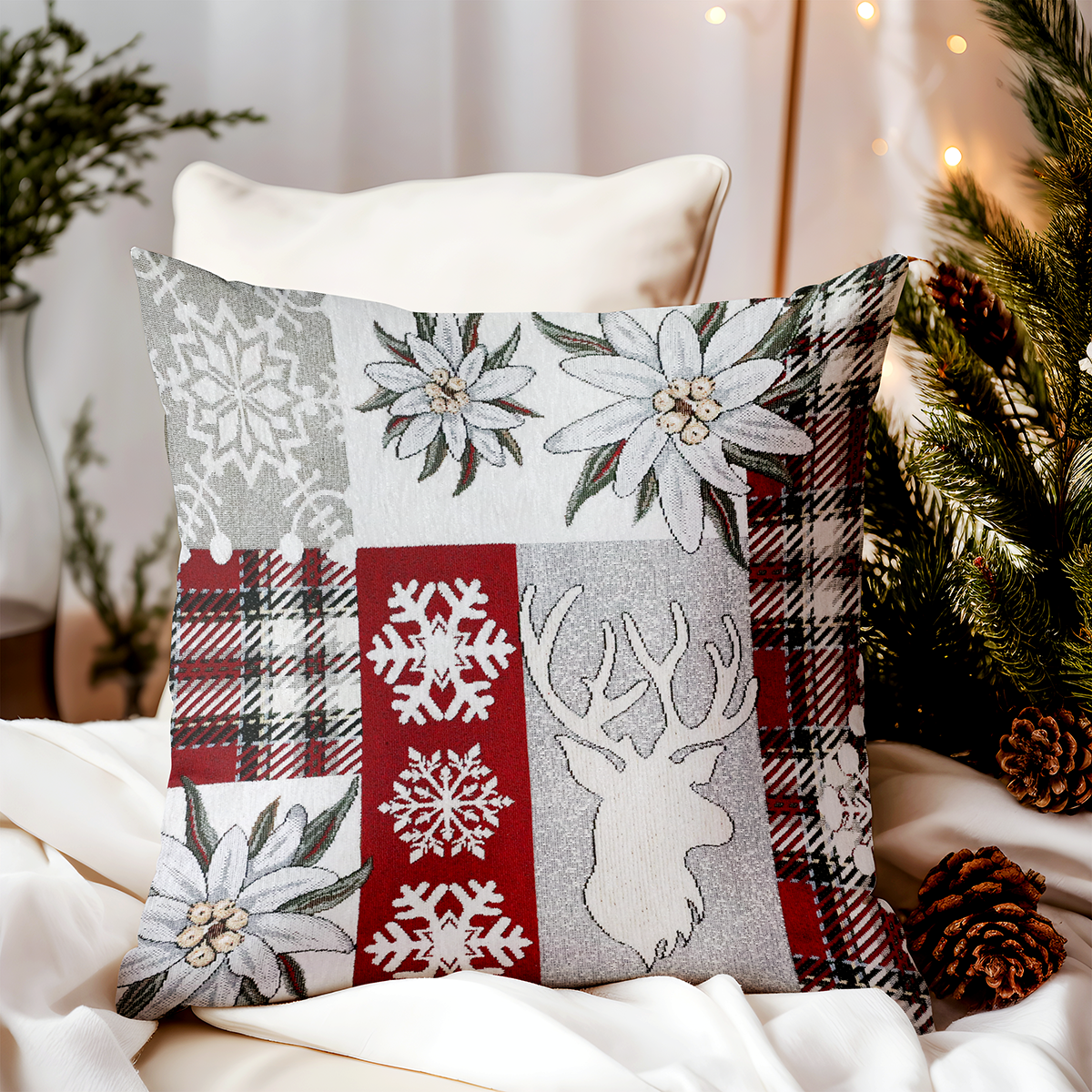 Vianočná gobelínová obliečka na vankúš „Červená elegancia“ 42x42 cm Chenille IT041