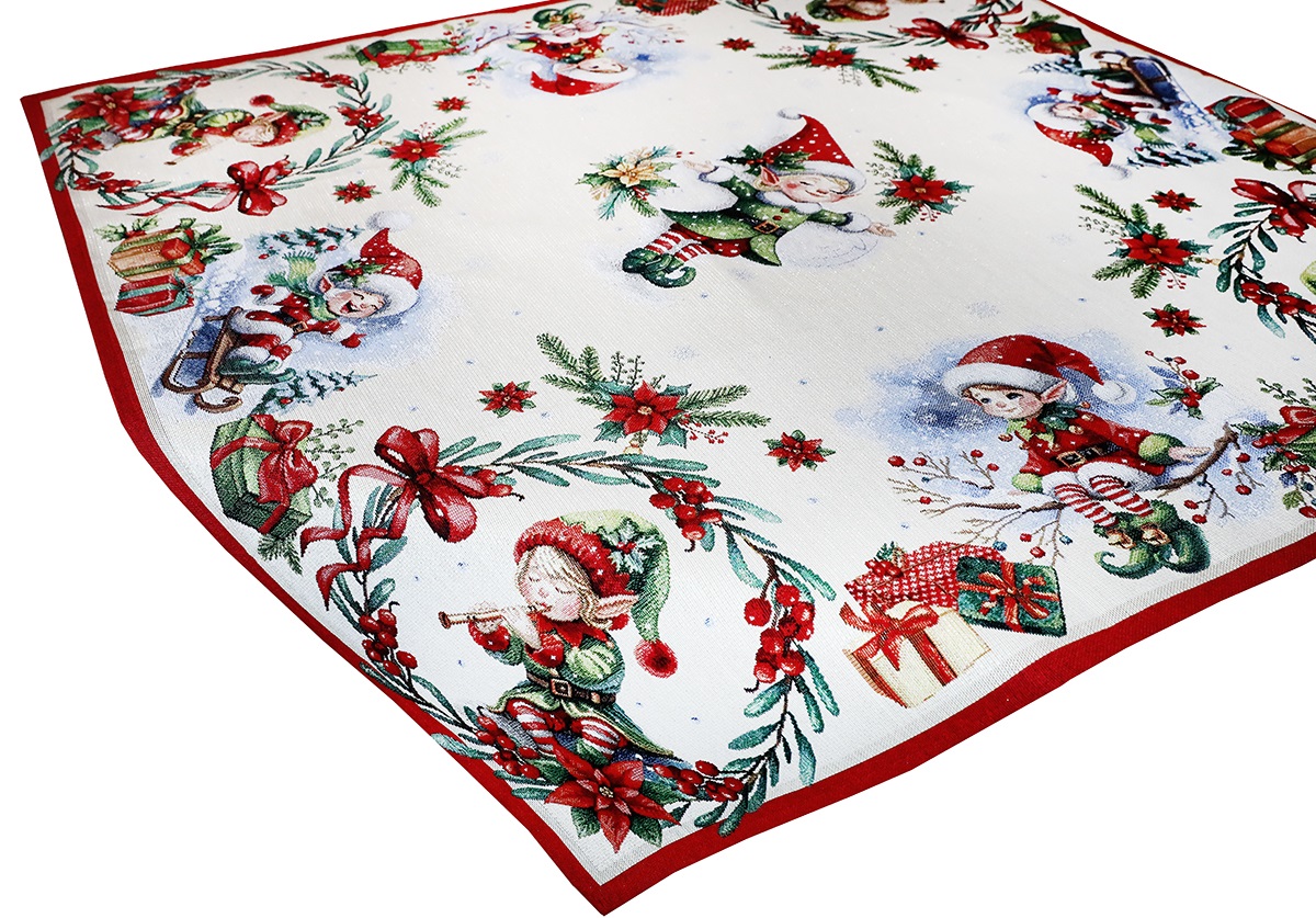 Vianočný gobelínový obrus na stôl 90x90 cm so škriatkami s lurexom