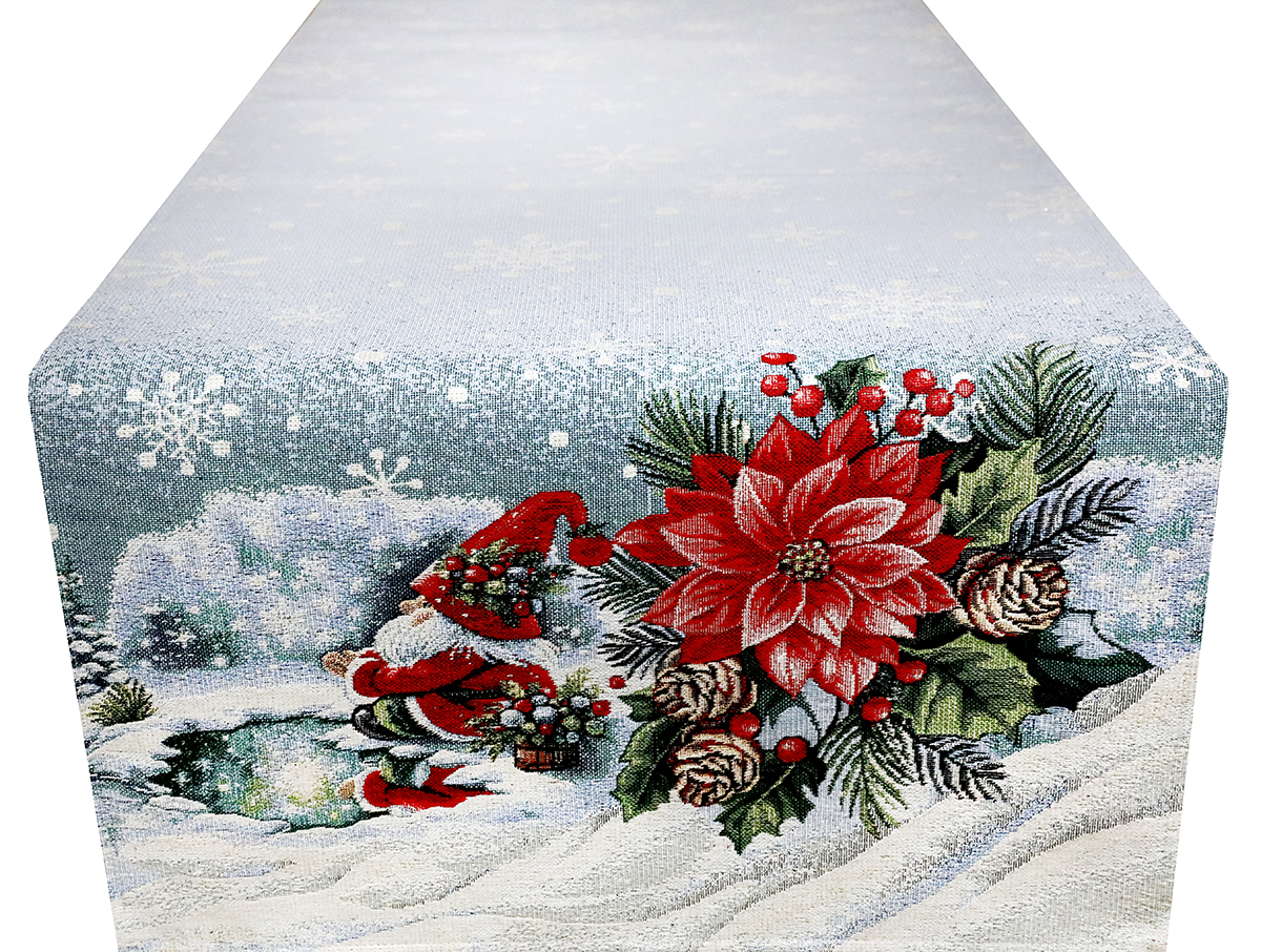 Vianočný gobelínový behúň na stôl 45x90 cm s lurexom škriatok na korčuliach