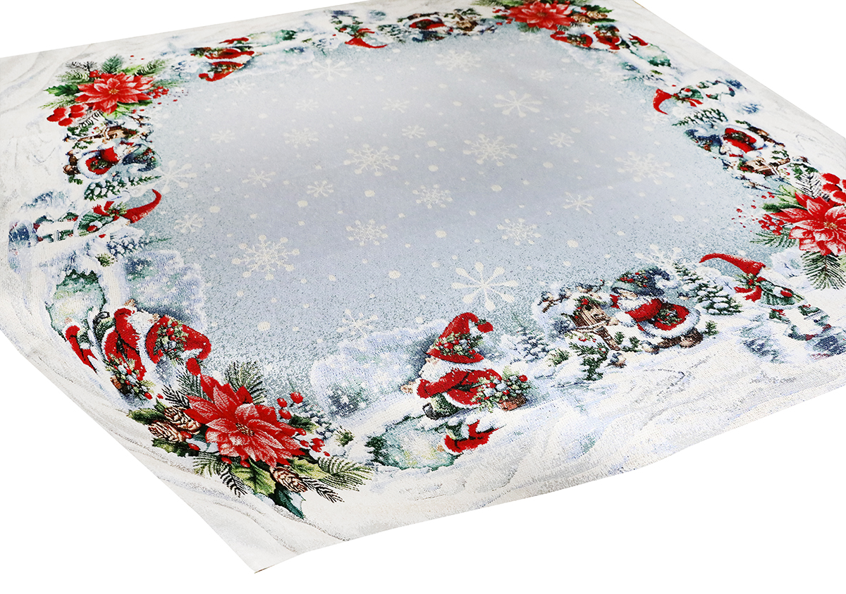 Vianočný gobelínový obrus na stôl 90x90 cm cm s lurexom škriatok na korčuliach