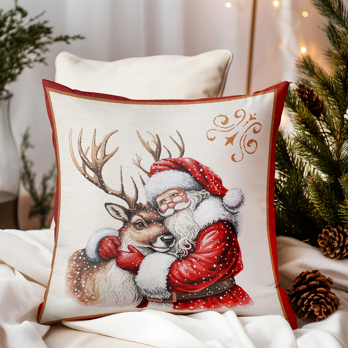 Vianočná gobelínová obliečka na vankúš s lurexom  Stromček & Santa